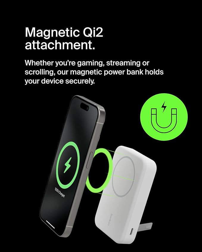 Belkin Portable Charger, Power Bank 10000 mAh w/ Qi2, iPhone Charger - MagSafe Charger w/Built-in Pop-up Kickstand for iPhone 16, 15, 14, 13, Plus, Pro, Pro Max, Google Pixel 10, etc. - White