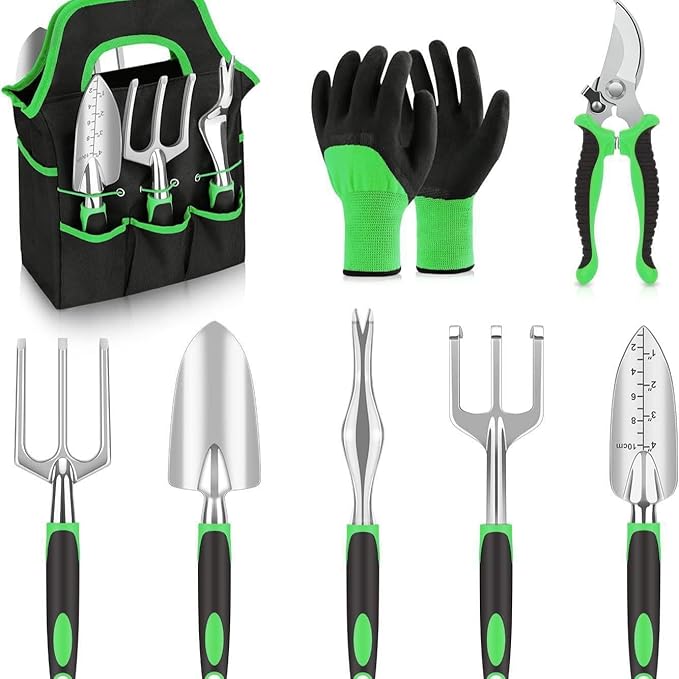 Gardening Tool Set, 8 Heavy-Duty Garden Kits, Including Pruners, Gloves, Rakes, Shovels, Etc., Ergonomic Manual Tools for Planting, Pruning and Transplanting