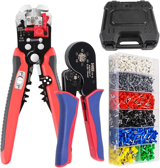 HKS Ferrule Crimping Tool Kit - Hexagonal Ferrule Crimper Plier (AWG 23-7) with Muti-use Wire Stripper & 1900Pcs Wire End-Sleeves Terminals Kit in Box