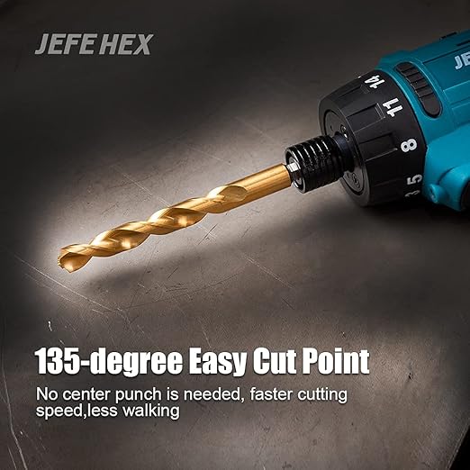 JEFE HEX 6-Piece 3/16" Twist Drill Bits HSS Hex Shank Drill Bit, 135 Degree Easy Cut Split Point for Drilling in Steel, Copper, Aluminum, Zinc Alloy, Wood, Plastic, Quick Change Design.