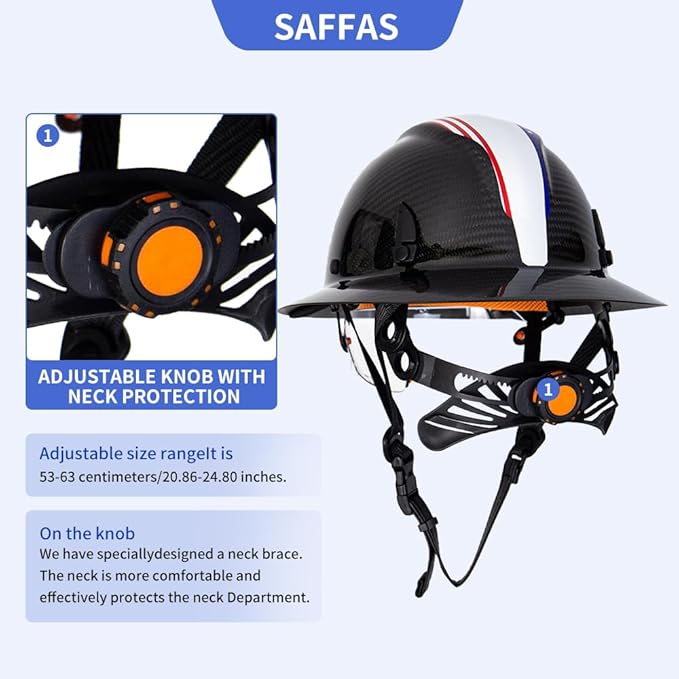 Carbon Fiber Full Brim Hard Hat Safety Helmet with Goggles and Leather Chin Strap 6-Point Suspension Adjustable Knob with Neck Protection