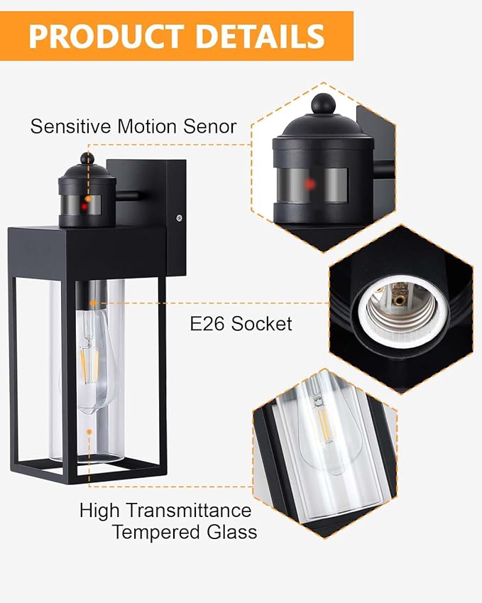 2-Pack Motion Sensor Outdoor Lights, Upgrade Dusk to Dawn Exterior Lighting Fixtures, Modern Porch Lights with Cylinder Lampshade, LED Wall Sconce for Garage Patio Garden House