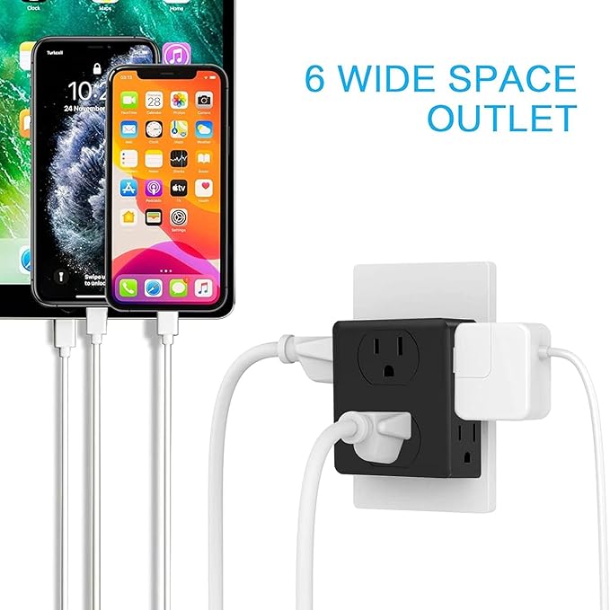 Outlet Extender, HICITY Multi Plug Outlet with 6 Electrical Outlets Adapter, 3-Prong Wall Outlet Tap for Cruise Ship Home Office Dorm, Black (1 Pack)