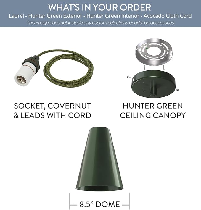 Steel Lighting Co. Laurel Pendant Light | Ceiling Mounted | 8.5 inch Cone Shade | Modern Contemporary Farmhouse Style Made in America | Avocado Cloth Cord | Hunter Green Exterior/Interior