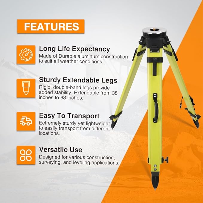 Fiberglass Surveying Tripod, Heavy Duty Green Fiberglass and Wood Tripod with Dual Clamp and Copper Center Screw for Robotic Total Stations and Theodolite (Round Head-A)