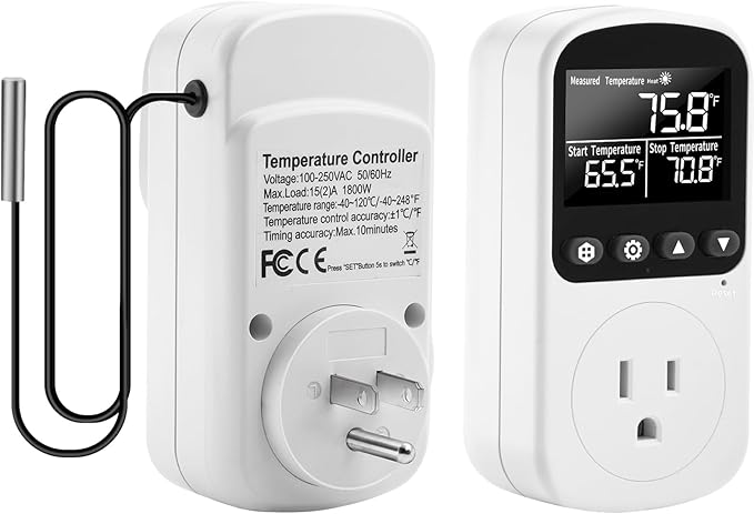 Diymore 1800W Plug in Digital Thermostat Temperature Controller Electric RV Thermostat Outlet Heating Cooling Control Mode Timer 120V 15A -104 ℉~210 ℉ Greenhouse with Thermostat Pool Thermometer