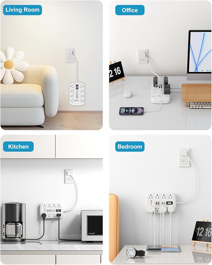 Short Extension Cord 1 ft - 2 Prong Power Strip 1700J Appliance Surge Protetor with 15A 8 Outlets 6 USB (5V/4.8A 24W) Charging Ports, Multi Plug Wall Outlet Extender for Home Office Dorm Roomc, White