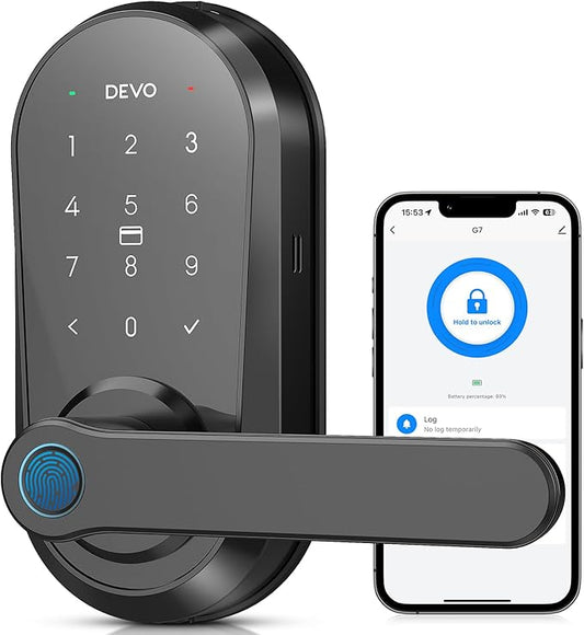 Devo G7 Smart Door Lock with Handle,6-in-1 Fingerprint Keyless Entry,APP Control,Fingerprint ID,Auto Locks,Built-in Wi-Fi Smart Deadbolt for Front Door,Easy Install,Waterproof,BHMA Grade 3