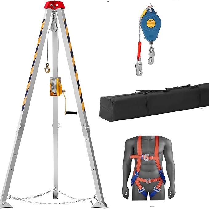 VEVOR Confined Space Tripod Kit w/1200 lbs Winch, Confined Space Tripod 7' Legs and 98' Cable, Confined Space Rescue Tripod 33 Fall Protection, Harness, Storage Bag for Traditional Confined Spaces
