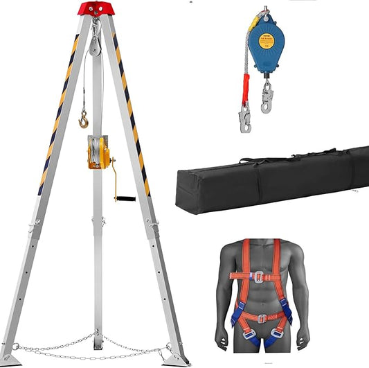 VEVOR Confined Space Tripod Kit w/1200 lbs Winch, Confined Space Tripod 7' Legs and 98' Cable, Confined Space Rescue Tripod 33 Fall Protection, Harness, Storage Bag for Traditional Confined Spaces