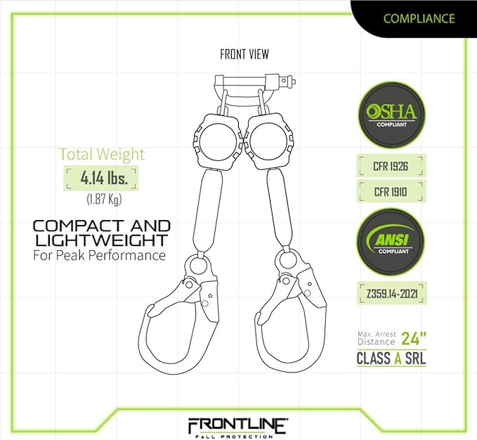 Frontline 6' Aramid Web Twin Leg SRL with Steel Rebar Hooks | 310 lbs Capacity | Lightweight & Durable | Aramid Fiber Webbing Retractable | ANSI & OSHA Compliant | ISO Lab Tested (3 Pack)
