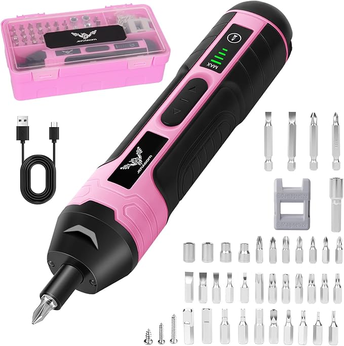 Electric Screwdriver Pink, 3.6V Rechargeable Cordless Screwdriver, 5N.m Max Torque, 4-Gear Torque, LED Light, 105 Pcs, Ideal for Women Daily & Light Industrial Use