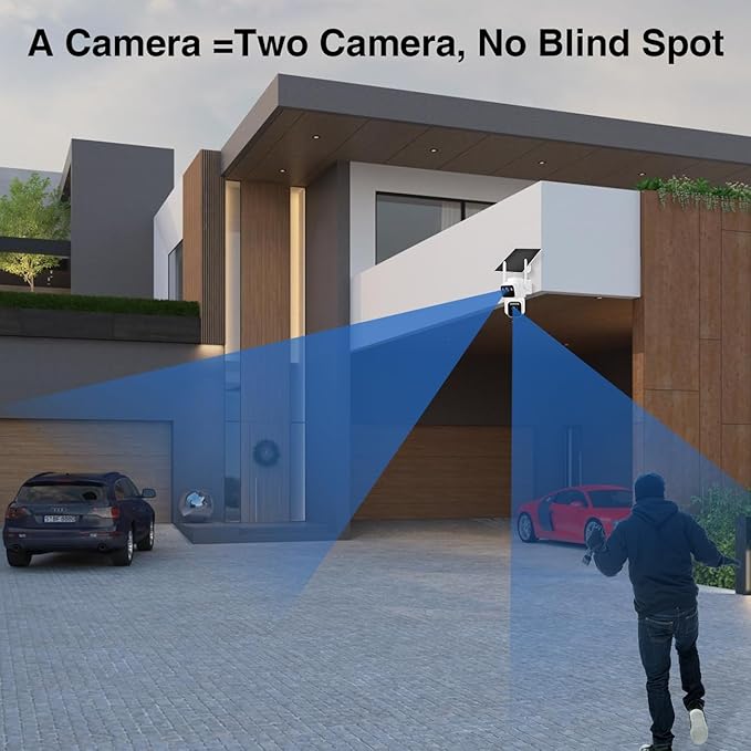 Dual Lens Dual Screen 2K Solar Security Camera Wireless Outdoor 360° View Battery Powered Camera with Spotlight Color Night Vision, PIR Sensor WiFi Home Security System