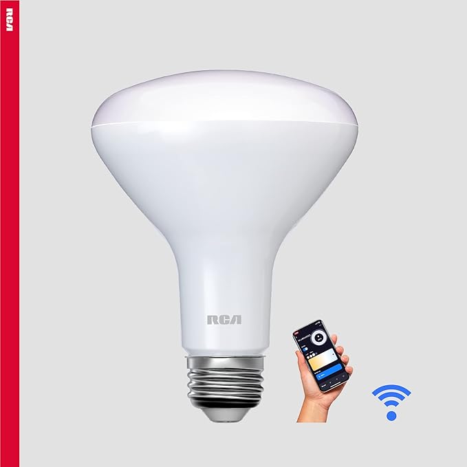 RCA Dimmable Smart Light Bulbs, 1-PK | BR30 WiFi LED Light Bulb | Indoor Flood LED Bulbs | 9W (60W Eq) | 2700K Soft White, 720 Lumens, E26 Base | Voice Activated Lights, Google & Alexa Light Bulb