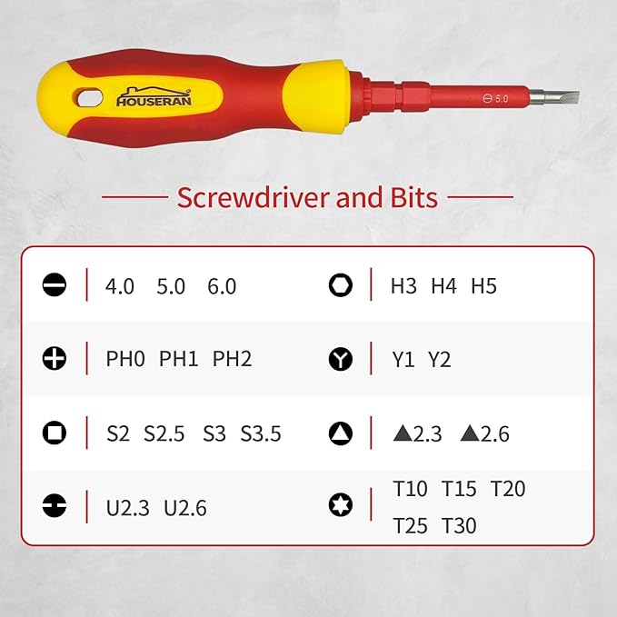 Insulated Screwdriver, HOUSERAN 26 Pcs Screwdriver Set, Magnetic Tip Electrician Tools Kit with Case, 1000V, Screw Driver with Interchangeable Blades, Electrical Screwdriver for Men Household Repair
