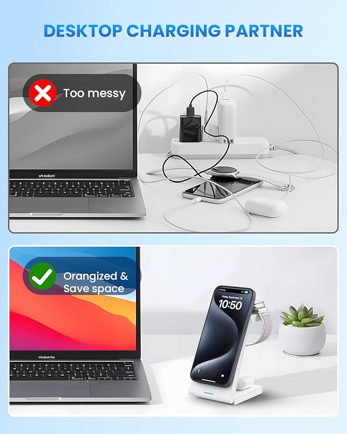 Wireless Charger Magnetic for Apple Devices - JoyGeek 3 in 1 Foldable Charging Station for Magsafe Compatible with iPhone 16 15 14 13 12 Pro Max Plus, Apple Watch 10 9 8 7 6 5 4 SE, AirPods 4/3/2/Pro