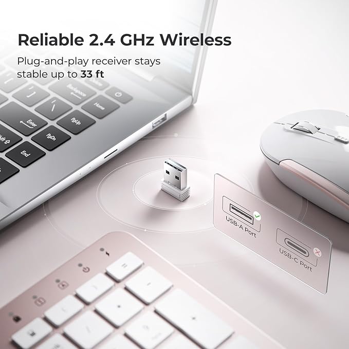 iClever GK08 Wireless Keyboard and Mouse Combo, USB-C Rechargeable Full-Size Keyboard with Numeric Keypad, Quiet Scissor Keys, 2.4 G Plug and Play, Compatible with Mac MacBook Windows PC Laptop