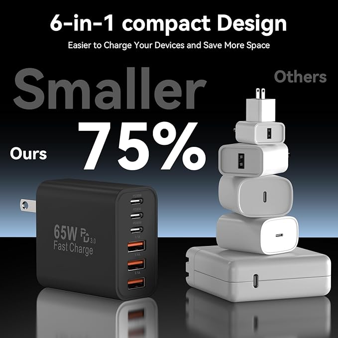 USB C Fast Charger Block, 65W GaN 6 Port USB C Wall Charger 30W Type C Charging Blocks, 3USB C+3USB A PPS/PD 3.0 Multiport Charging Cube for iPhone 16 15 14 13 Pro Max,for Galaxy S25 S24,2 Pack,Black