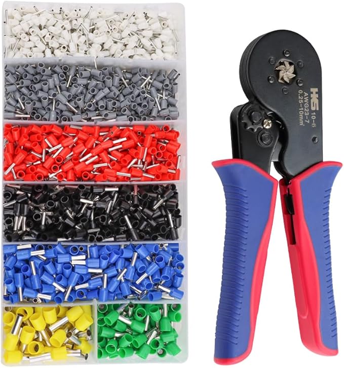 HKS Ferrule Crimping Tool Kit - Hexagonal Ferrule Crimper Plier (AWG 23-7) with 1900pcs Wire End-Sleeves Terminals Kit