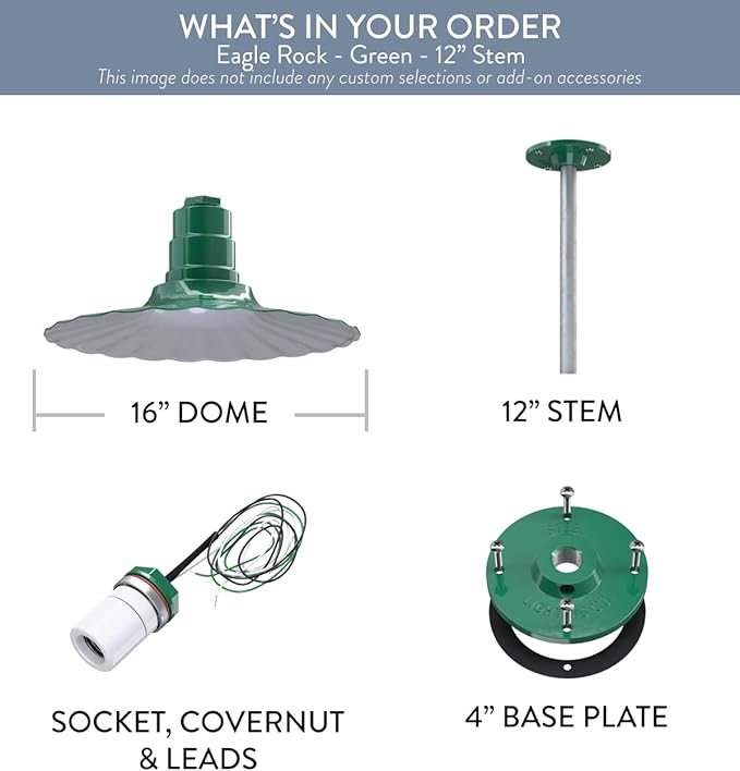 Steel Lighting Co. Eagle Rock Pendant | Ceiling Mounted Light | 16 inch Radial Wave | 12 inch Stem | Heavy Duty Steel Retro Farmhouse Style Made in America | Green Exterior/White Interior