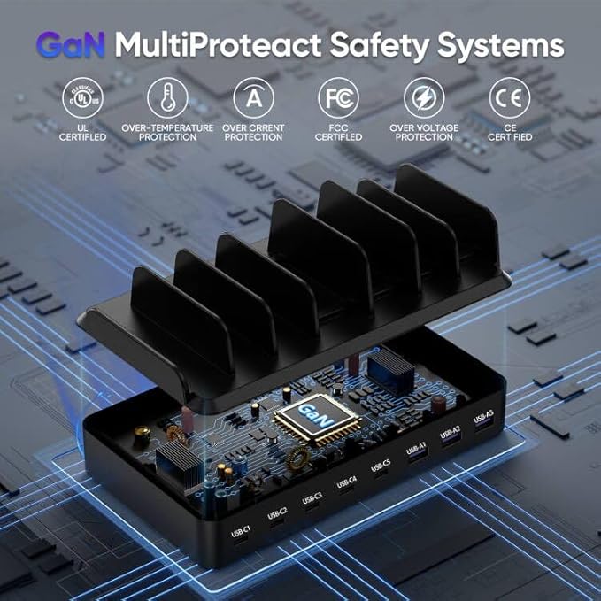 300W Charging Station for Multiple Devices, 8 Port Multi USB C Fast Charger Station Dock for MacBook iPhone 16/15/14/13/12 Samsung Pixel Series iPad, Black (6 Mixed Short Cables Included)