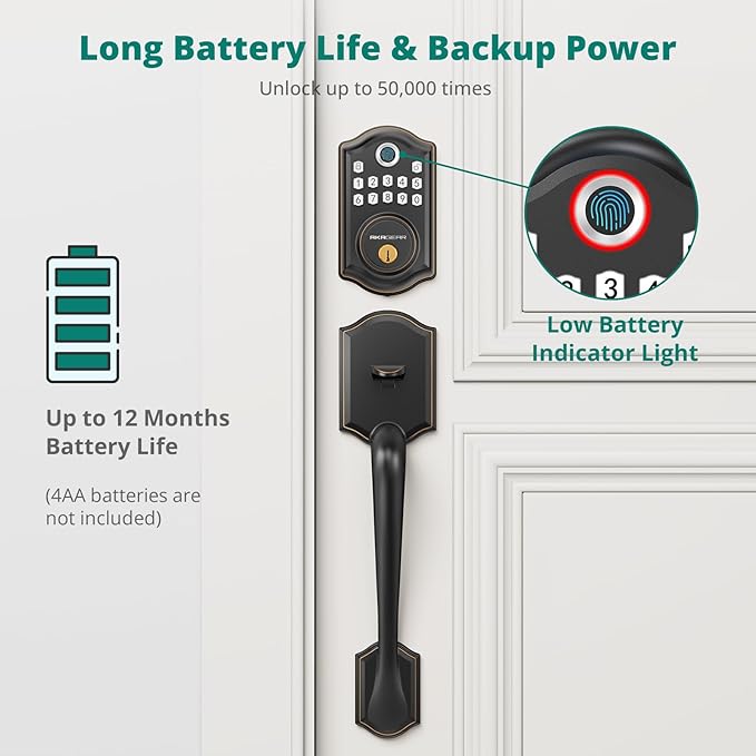 DS10 Keyless Entry Door Locks - Keypad Lock with Handle Set, Fingerprint Deadbolt, Smart Locks for Front Doors, Auto-Lock & One Touch Locking, 2 Keys, Easy Installation