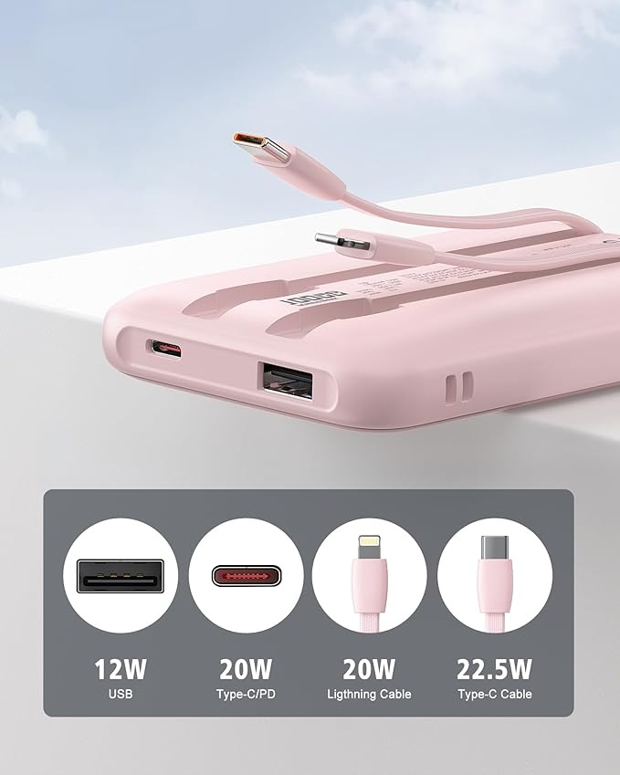 Portable Charger 10000mAh, Cell Phone Portable Power Banks with 22.5W PD Fast Charging, Compact Phone Charger Built in Cable, Compatible with Apple, Samsung, Google, Motorola and More