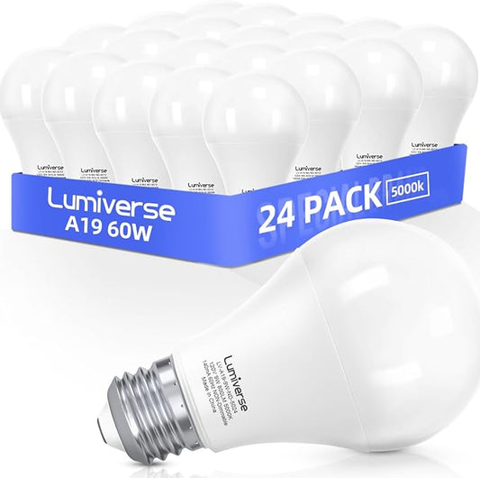 Lumiverse A19 Led Light Bulb, 9 Watt [60W Equivalent], 5000K Daylight White, E26 Base Bulb, Non-dimmable, 800lm Light Bulbs, UL Listed, 24 Pack