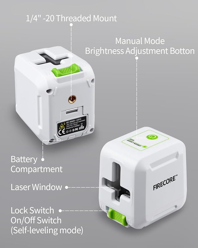 Firecore Laser Level with Tripod, Self Leveling Laser Level Green Cross Line Laser Leveler Tool for Picture Hanging Wall Tile Home Renovation Indoor Projects, Carry Pouch and Battery Included
