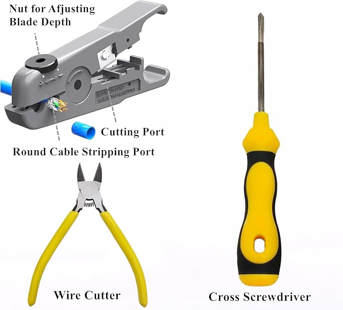 rj45 Crimp Tool Kit, Pass Through Cat7 Cat6A Cat6 Cat5e Cat5 rj45 Crimping Tool with 10PCS Cat7 Shielded Connectors 10PCS Covers 20PCS Cat6 Pass Through Connectors 20PCS Covers Network Tester