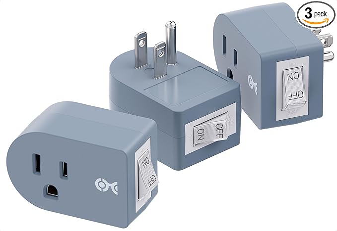 Cable Matters [ETL Listed] 3-Pack Grounded Outlet Switch with ON Off, Plug Switch ON Off, Single Outlet Adapter ON/Off, Gray