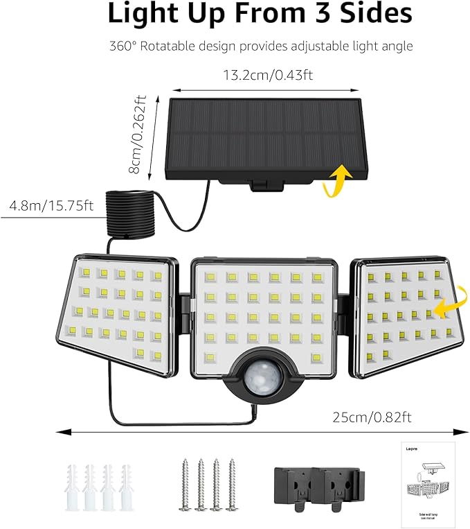 Lepro Solar Lights for Outside, WL5000 Motion Activated Security Lights, Separate Solar Panel, 3 Adjustable Head 270° Wide Lighting Angle, IP65 Waterproof Wall Lamp for Porch Yard Garage