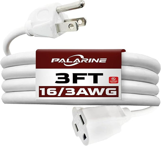 Indoor Flat Plug White Extension Cord 3ft, UL Listed, 16/3 SJTW 3 Prong Heavy Duty, 16 Gauge 13A Power Cord for Lights, Appliance, Home, Office