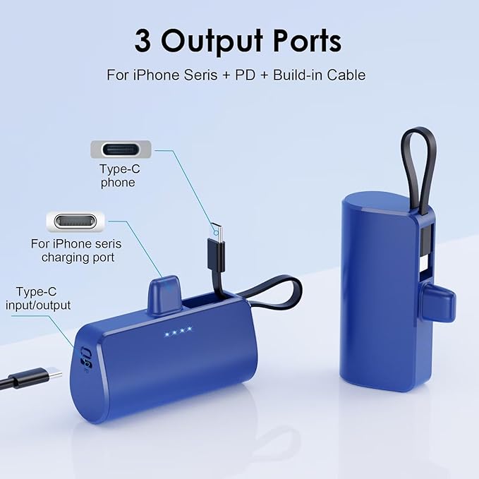 Mini Portable Charger for iPhone with Built-in Type-C Cable, 5200mAh Ultra-Compact Power Bank, PD 20W Fast Charging Battery Pack Phone Charger for iPhone 16/15/14/13, Samsung, Google, Android (Blue)