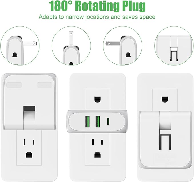 Flat Wall Outlet Extender with USB Charging Ports, HICITY 180° Swivel Power Strip 2 USB Ports, 2 Prong Folding Plug for Tight Spaces, Type A Ultra Thin Design (White)