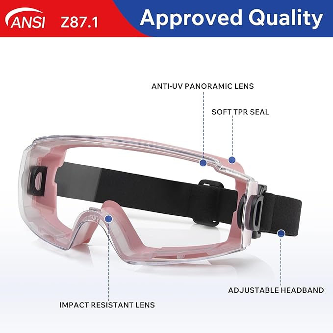 Safety Goggles Over Glasses, ANSI Z87.1 Certified Eye Protection for Chemistry Lab Work & Industrial Use - Wide Vision Anti-Fog Clear Lens - Extreme Impact Resistance - Adjustable Strap (2 Pack)