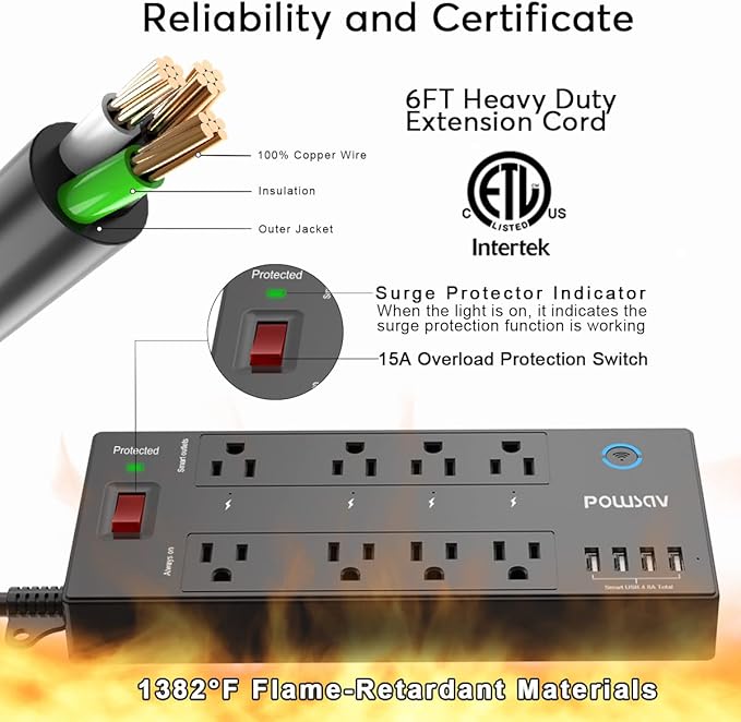 6 Ft WiFi Surge Protector - 8 Outlet Extension Cord with 4 Smart & 4 Always On Outlets, 4 USB Ports, Alexa & Google Home Compatible, Black