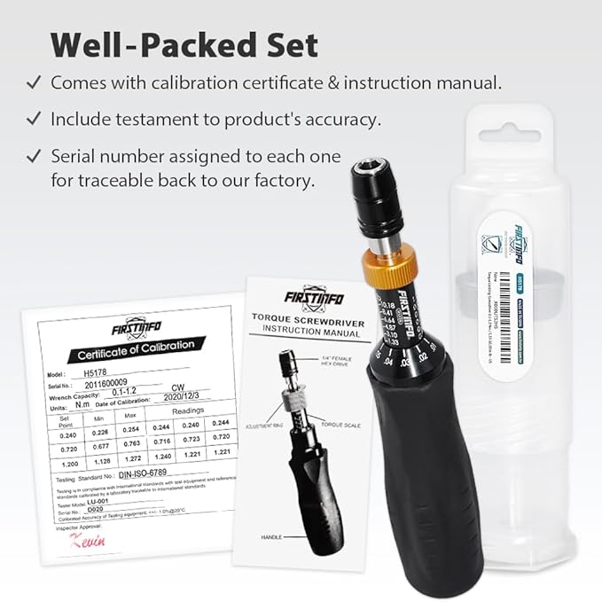 FIRSTINFO H5178 Precision Certified Torque Limiting Screwdriver, 1/4 Inch Hex Quick Release Bit Holder, 0.1-1.2 Nm/1.33-10.18 In-lb with Double Scale
