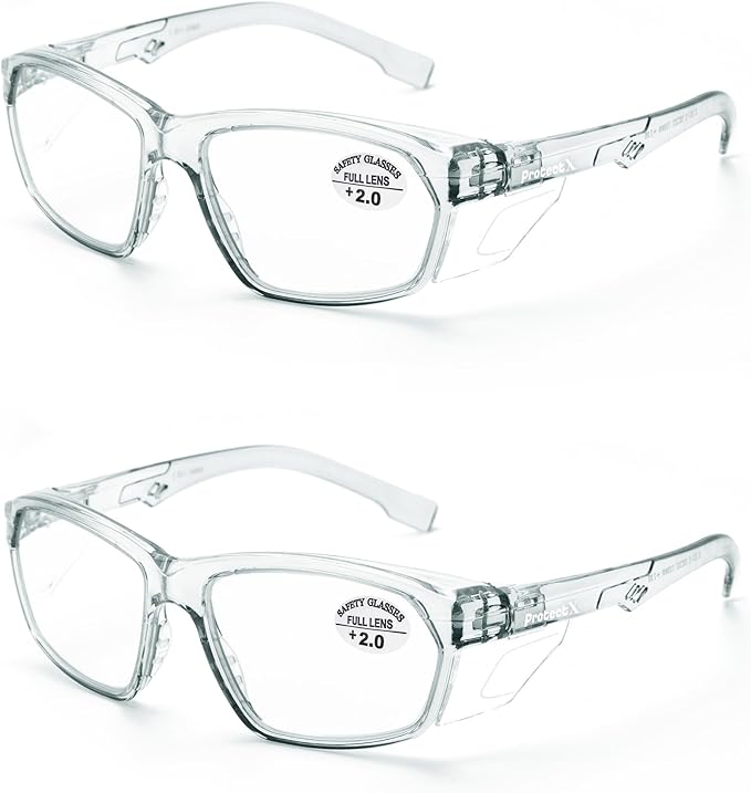 ProtectX Stylish Anti-Fog & Scratch-Resistant Safety Glasses With Readers, UV Protection Goggles, Anti-Impact Lightweight Glasses for Men＆Women Charcoal Reading 2.0-2 Pack