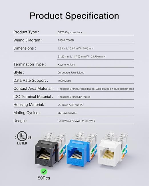 VCE RJ45 Cat6 Keystone Jacks UL Listed 50-Pack, UTP Ethernet Keystone Jacks with Keystone Punch Down Stand Tool and Wire Stripper Cutter, Black
