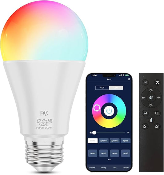 A19 Color Changing Light Bulb with Remote Control&App Control, 800LM 9W(60W Equivalent) Dimmable 3000K-6500K RGBWW,E26 Base 2.4GHz,Light Bulb for Home Decor,1Bulb&1Remote