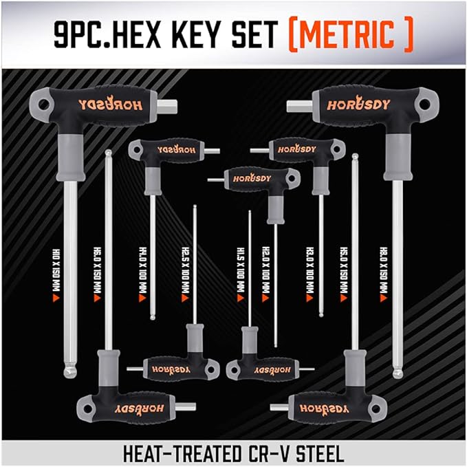 HORUSDY 18-Piece T-Handle allen wrench set, Inch/Metric Long Arm Ball End Hex Key Wrench Set, MM(1.5mm-10mm) SAE(1/16"-3/8")