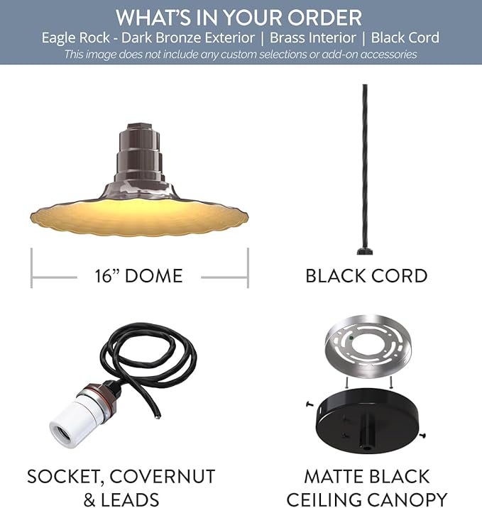 Steel Lighting Co. Eagle Rock Pendant | Ceiling Mounted Light | 16 inch Radial Wave | 4' Black Cord | Heavy Duty Steel Retro Farmhouse Style Made in America | Dark Bronze Exterior/Brass Interior