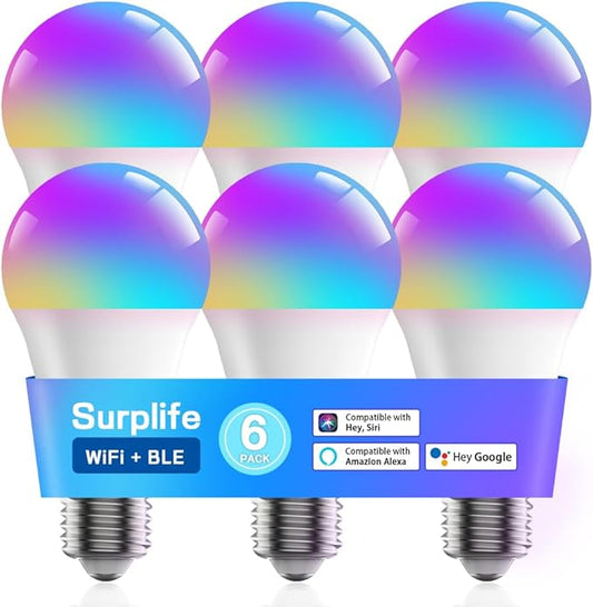 Smart Light Bulbs,Full Color Changing Dimmable LED Bulb,Compatible with Alexa and Google Assistant,UL FCC Certified,2.4GHz WiFi+Bluetooth LED Light Bulbs, Music Sync Smart Home Lighting (6)