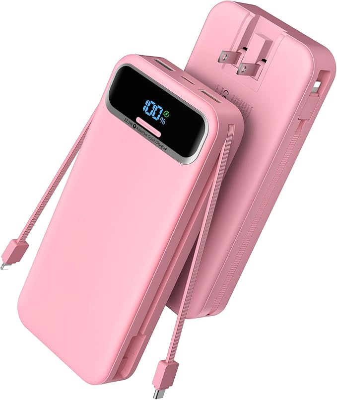 Portable Charger Power Bank with Built in Cables and AC Wall Plug,PD20W&SCP22.5W USB-C Super Fast Charging,20000mAh Travel Phone Charging,LED Display Battery Pack Compatible All iPhone Samsung etc