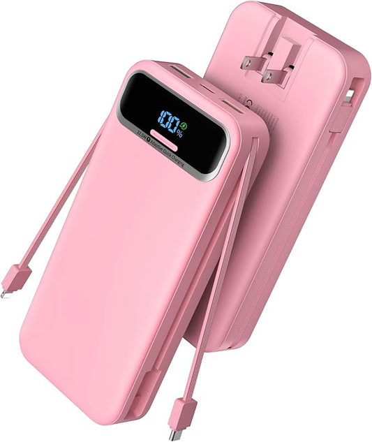 Portable Charger Power Bank with Built in Cables and AC Wall Plug,PD20W&SCP22.5W USB-C Super Fast Charging,20000mAh Travel Phone Charging,LED Display Battery Pack Compatible All iPhone Samsung etc