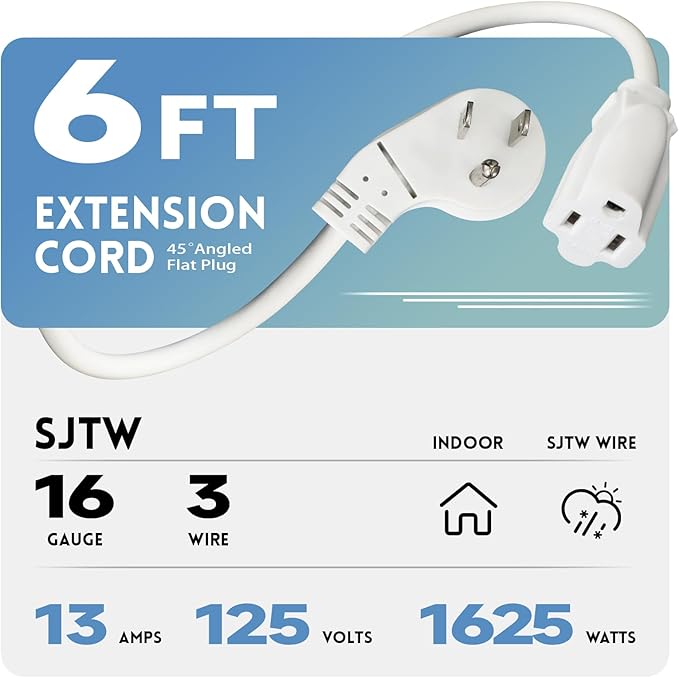 EP 2 Pack 6 Ft Flat Plug Extension Cord, 16 AWG 3 Prong Grounded White Low Profile Extension Cable for Indoor, UL Listed