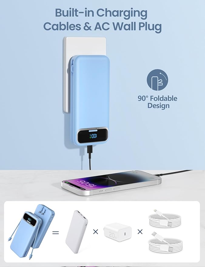 12000mAh Lightweight-Portable-Charger-Power-Bank with Built-in Cables and AC Wall Plug, PD20W USB-C Fast Charging Battery Pack, LED Display External Travel Phone Charger for All iPhone,Samsung,Android
