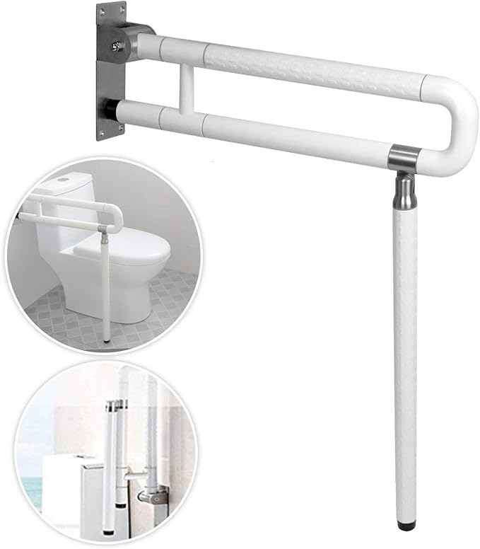 MYOYAY 24In Toilet Safety Rails Wall Mount Floor Support Foldable Toilet Grab Bar Handicap Grab Bars Rails Non-Slip Stainless Steel Flip Up Grab Bar Fluorescent Handrails for Seniors Disabled Pregnant