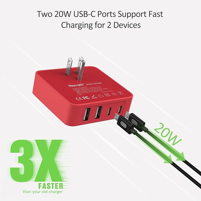 Nekmit USB C Charger, Thin Flat 52W 4-Port Fast Wall Charger with Two 20W Power Delivery and 2 USB Port for iPhone 13/13 Mini/13 Pro/13 Pro Max, Galaxy, Pixel, iPad Pro, AirPods Pro and More, Upgraded